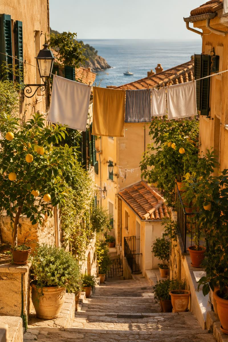 A sun-drenched Mediterranean street with terracotta roofs