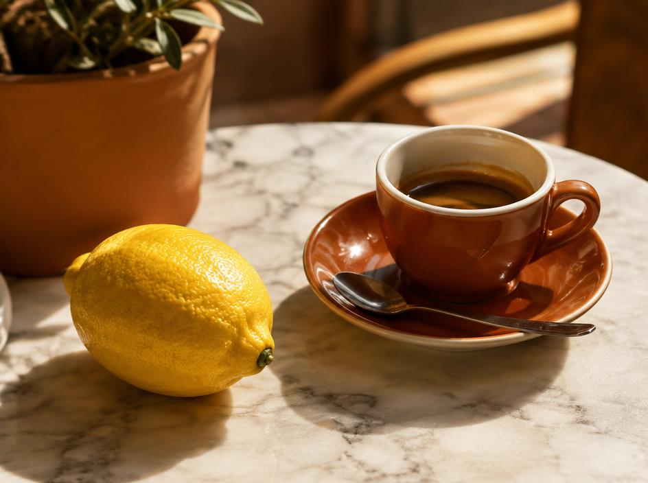 A fresh lemon and an espresso on a marble café table